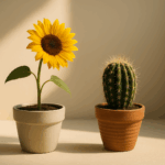 Girasol y cactus bajo la luz del amanecer, símbolo de dos tipos de amistad que siguen vivas pese a la distancia.